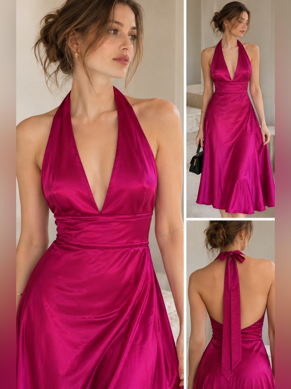 Maje Magenta 95%Silk Halter Maxi Dress size 1